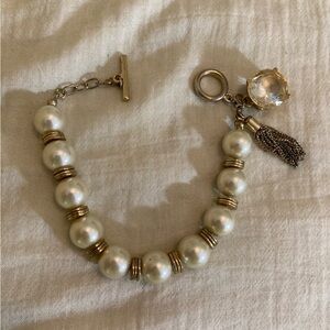 Vintage Glass Pearls Beaded Bracelet‎ with Tassel & Rhinestone Charms